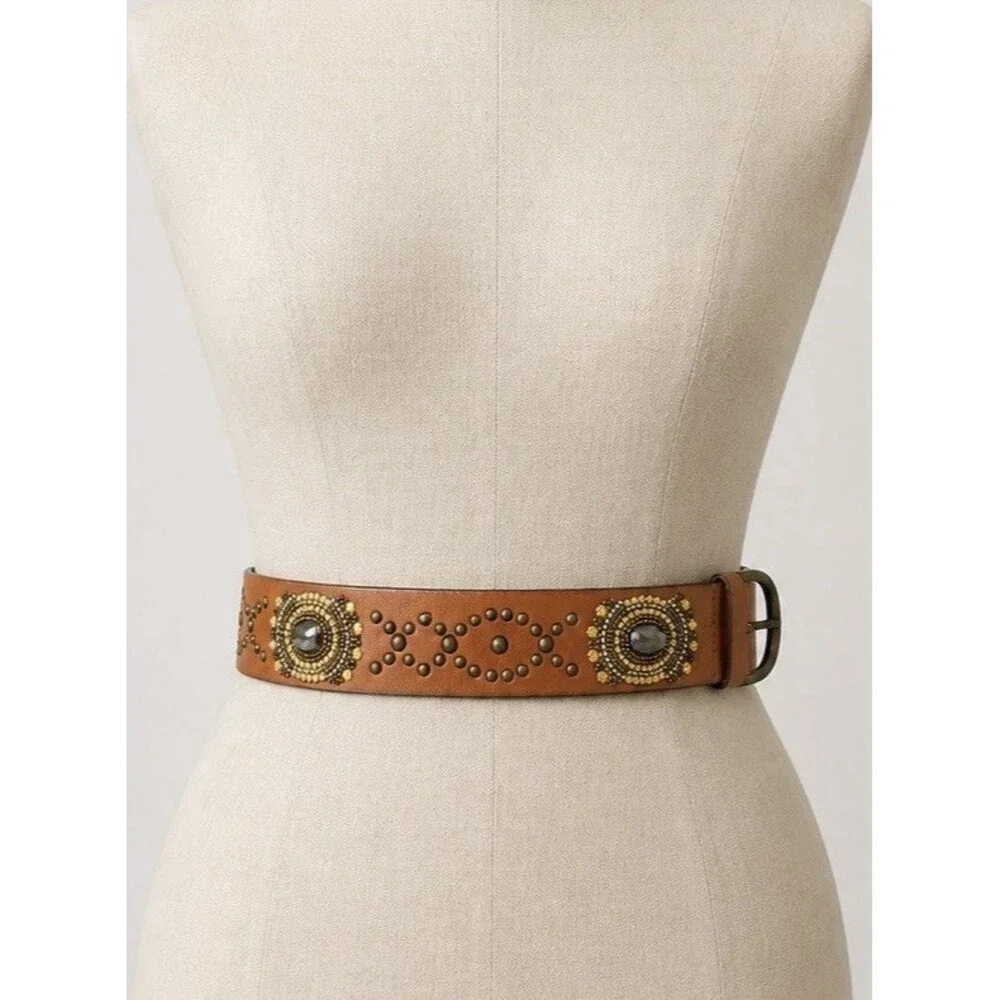 Boho Western Genuine Leather Studded Beaded Jeweled Statement Belt L XL